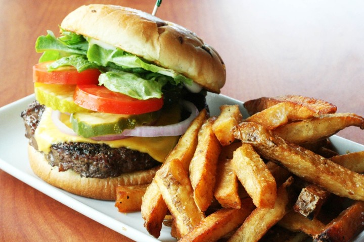 Hand pattied fresh beef blend, served on onion bun with lettuce, tomato, mayo, pickle, onion, and choice of cheese