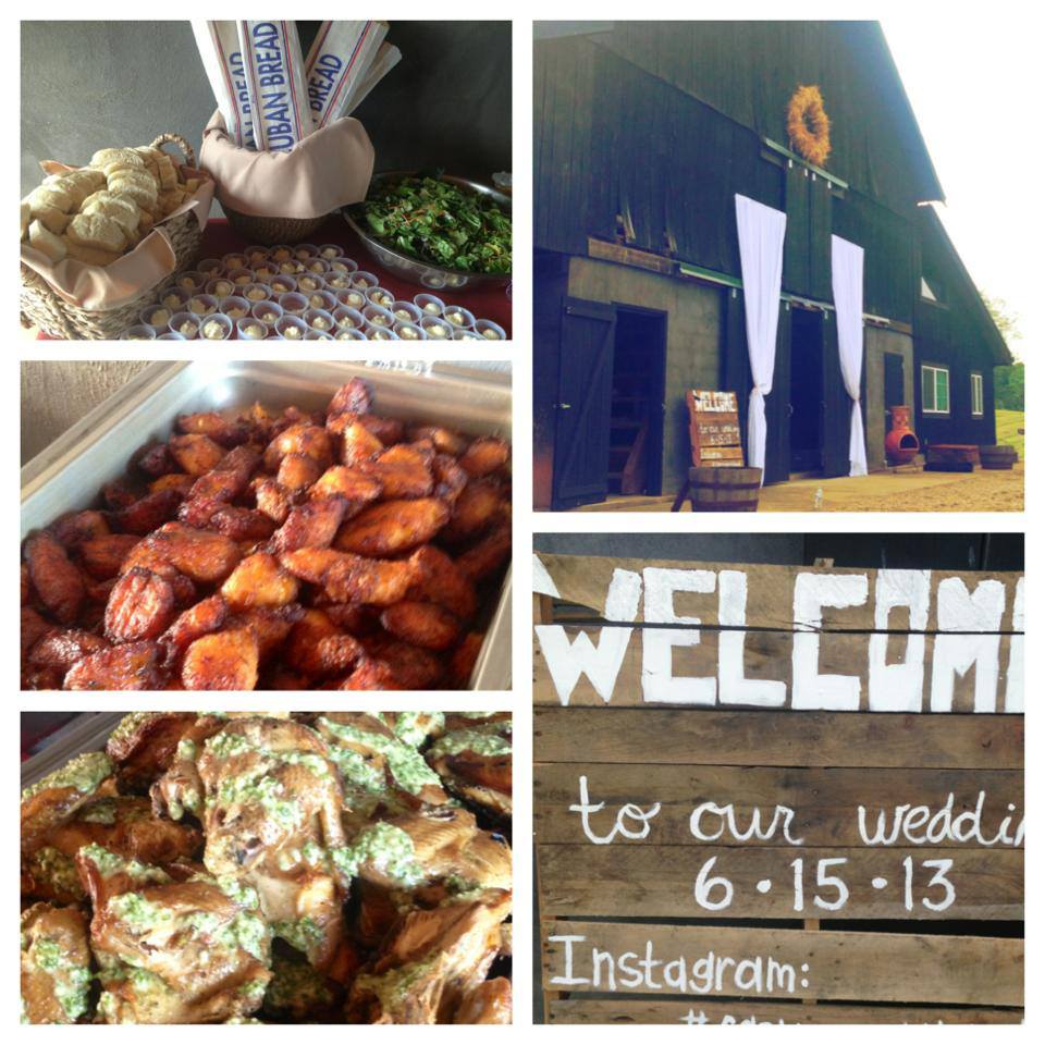 A collage of a bunch of wedding photos, mainly of food.
